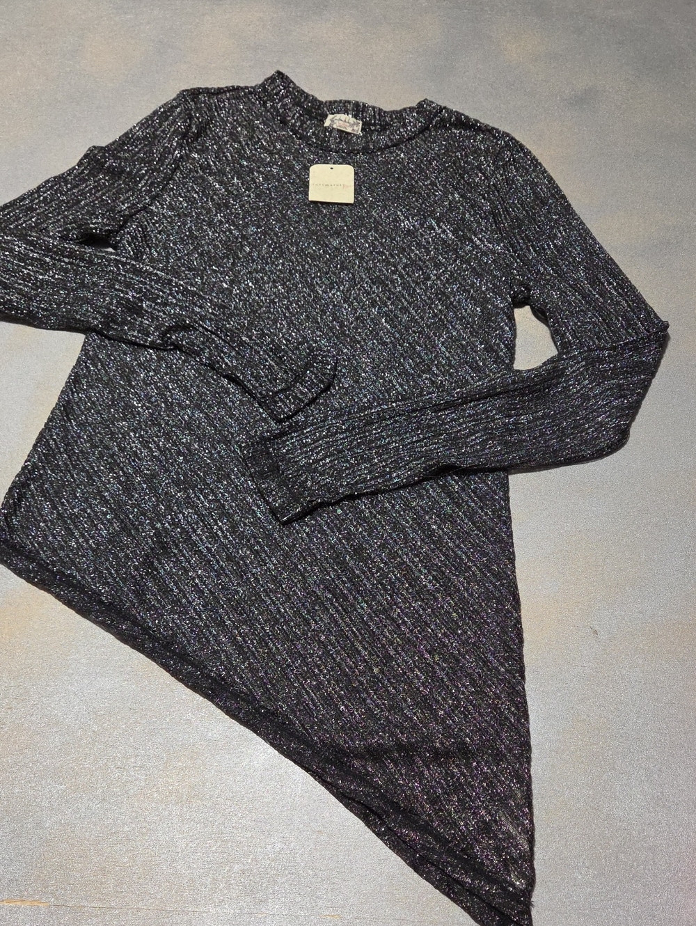 Free People Shimmery Black Ribbed Asymmetric Crewneck Sweater